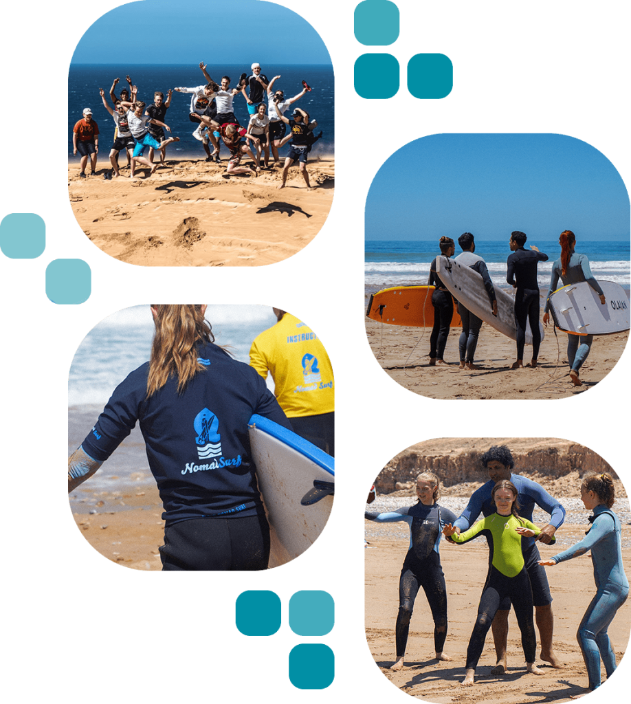 Collage of Nomad Surf Camp in Tamraght, Morocco featuring surfing, Moroccan food, rooms, and ocean views
